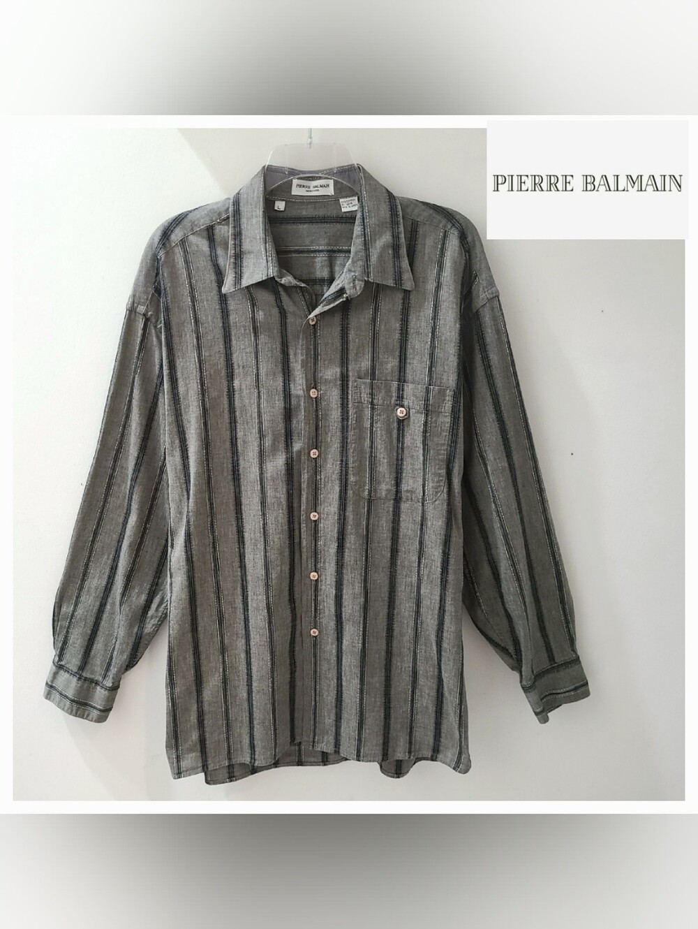 Pierre Balmain Vintage Cotton Buttondown Shirt Gray/Black Stripes Sz L